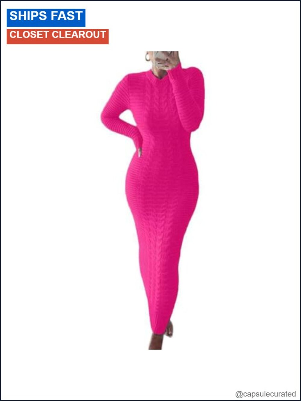 Cable Knit Bodycon Maxi Sweater Dress Crewneck Long Sleeve